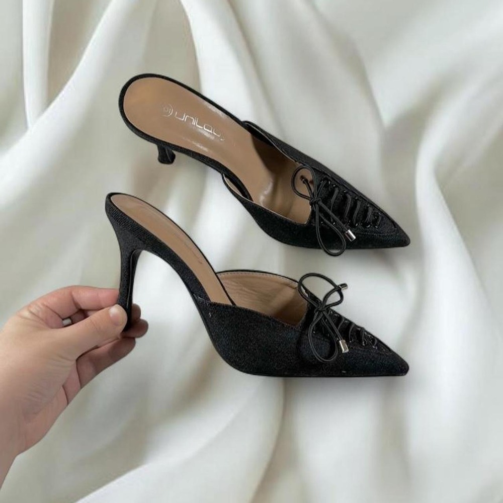 NWT Unilady black denim pointed toe kitten heels lace up corset bow detail y2k